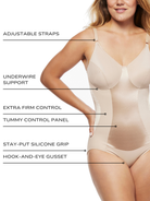 an infographic explaining the features and benefits of the underwire extra firm control shaping bodysuit body shaper all-groups