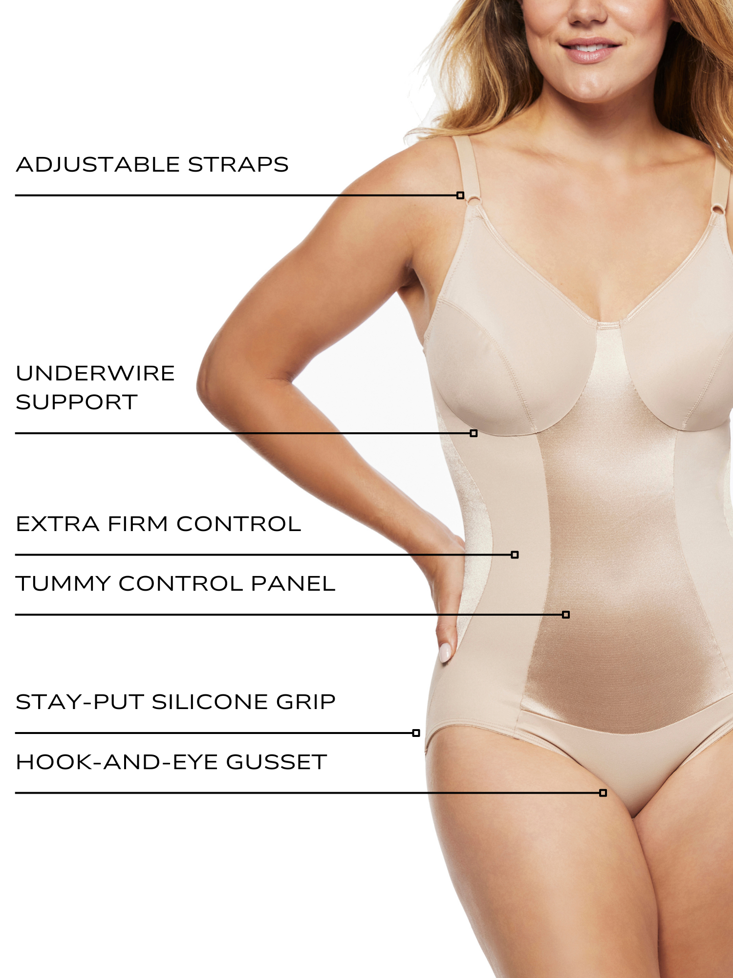 an infographic explaining the features and benefits of the underwire extra firm control shaping bodysuit body shaper all-groups