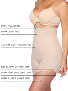 an infographic explaining the features and benefits of the slanted hem no chub rub shaping short all-groups