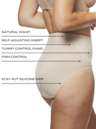 an infographic explaining the features and benefits of the self adjusting tummy control brief panty all-groups