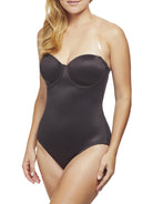 a woman wearing a black strapless tummy control body shaper shapewear