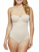 a woman wearing a nude strapless tummy control body shaper shapewear