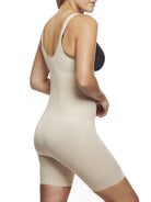 a woman wearing a nude open bust tummy control body shaper