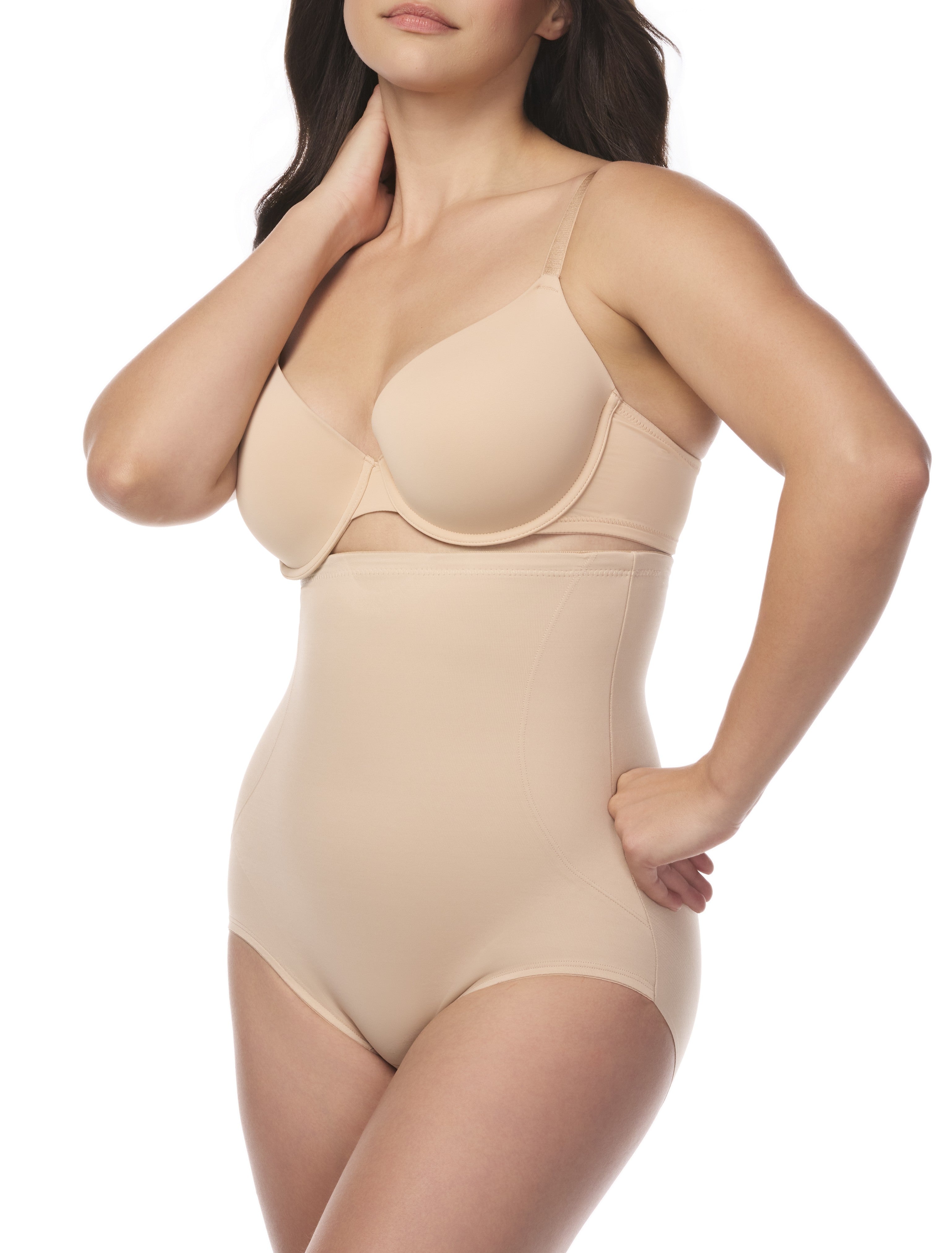 a woman wearing a beige back smoothing tummy control brief