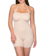 Beige shapewear bodysuit worn by a model on a white background