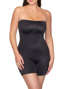 Black strapless bodysuit worn by a model on a white background