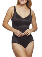 a woman wearing a black shaping bodysuit