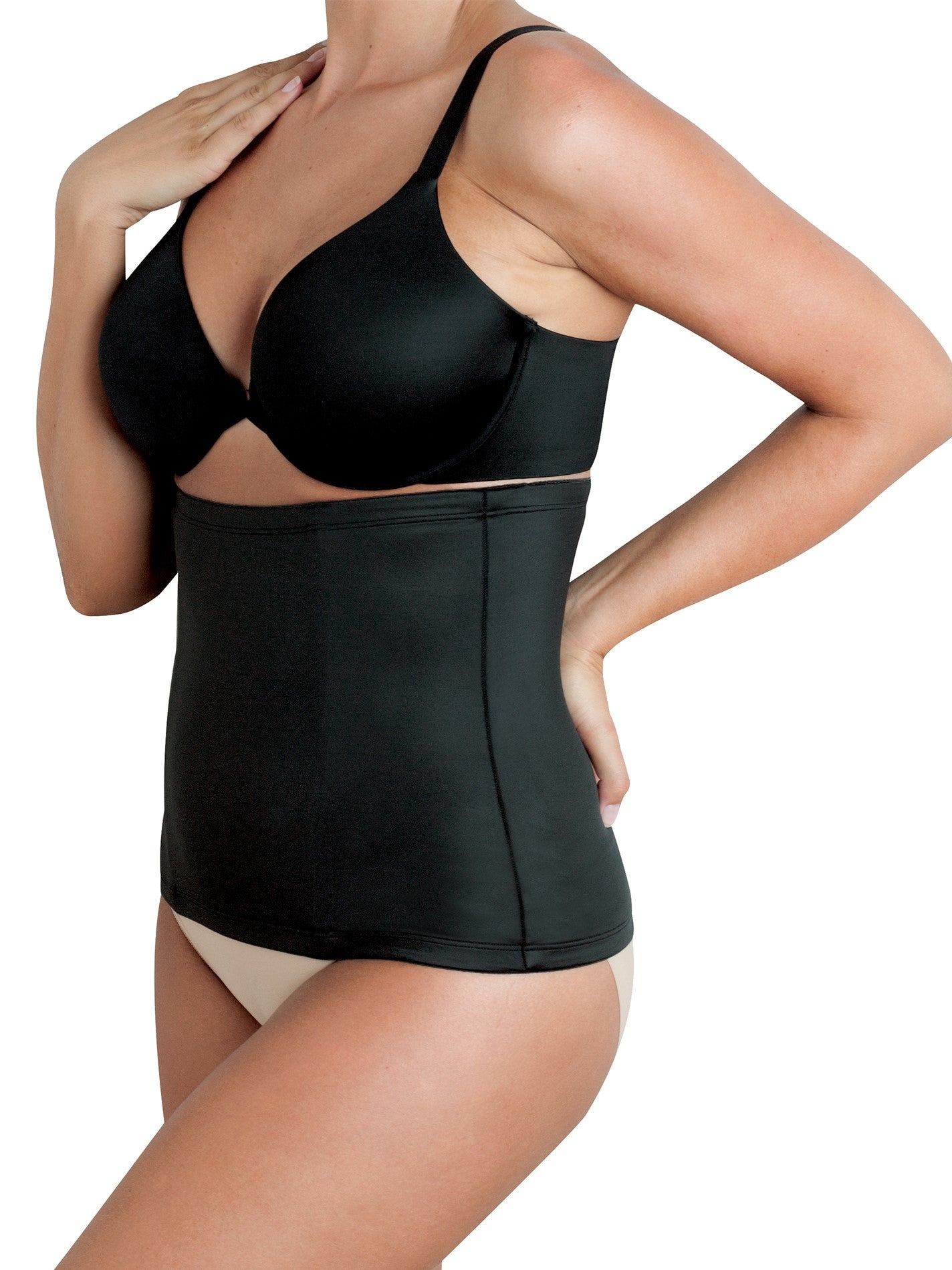 a woman wearing a black waist cincher waist trainer girdle