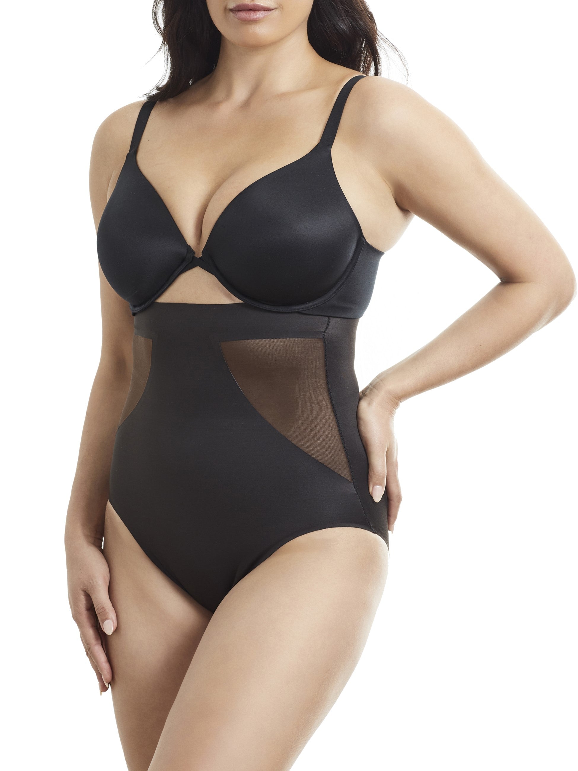 a woman wearing black high waisted tummy control underwear