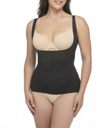 woman wearing a black open bust camisole with a beige bra