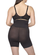 a woman wearing a black high waisted tummy control waist cincher shaping short shapewear