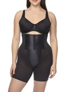 a woman wearing a black high waisted tummy control waist cincher shaping short shapewear