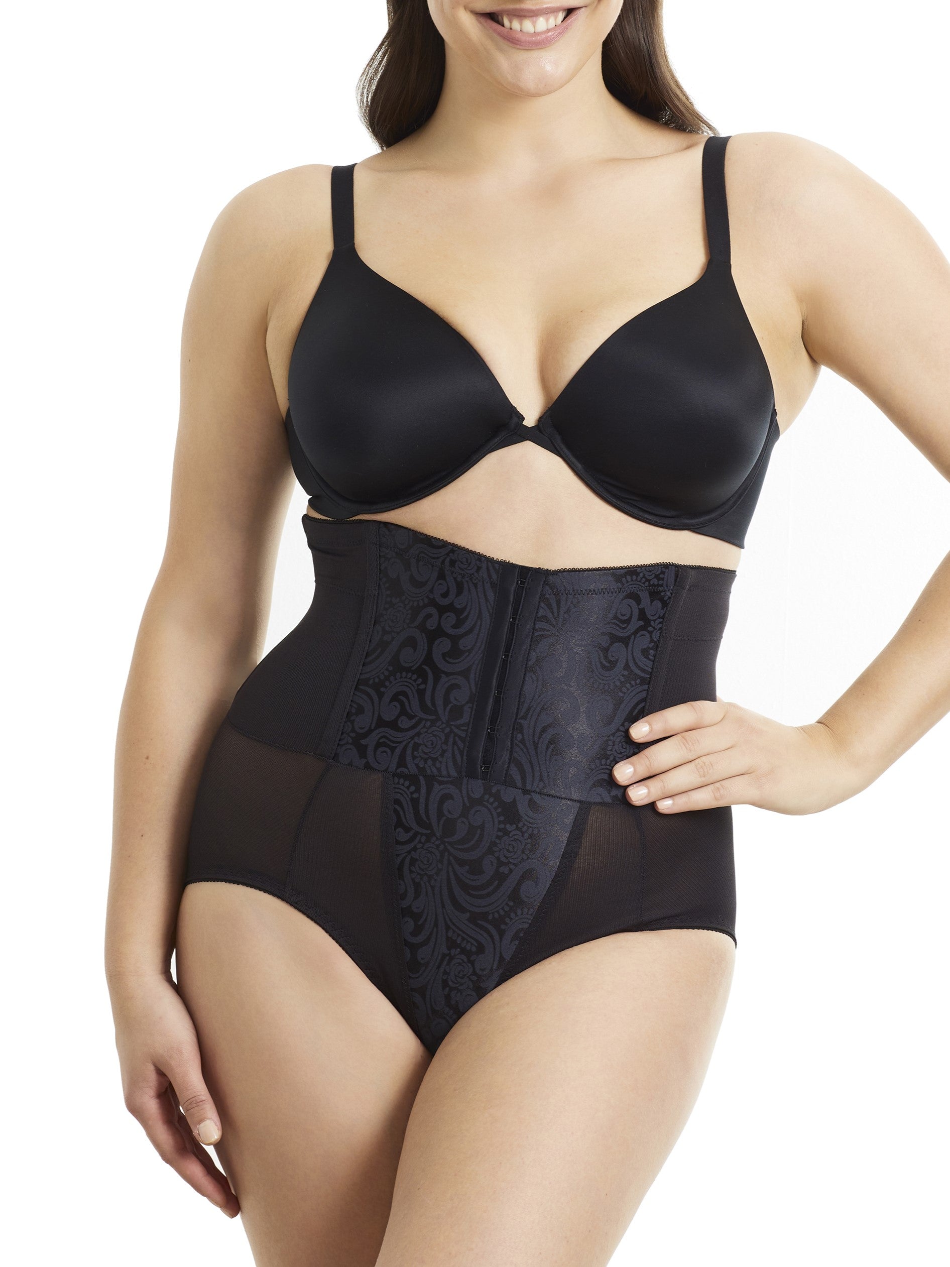 a woman wearing black high waisted tummy control waist cincher waist trainer underwear shapewear