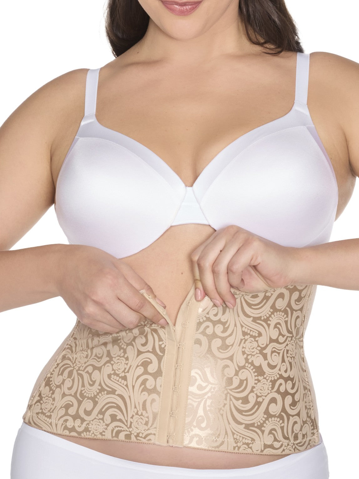 a woman wearing a beige waist cincher waist trainer