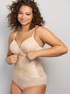 a woman wearing a beige waist cincher waist trainer shapewear all-groups