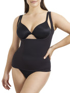 a woman wearing a black open bust shaping camisole shapewear