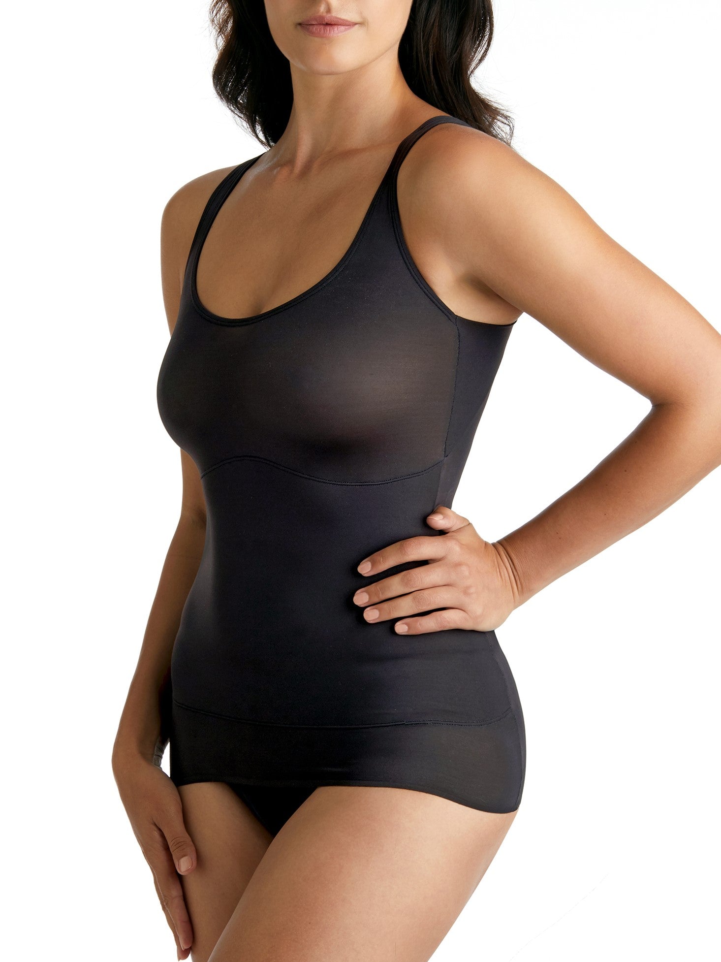 a woman wearing a black shaping camisole