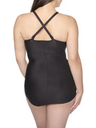 a woman wearing a black tummy control body shaper shapewear with criss crossed straps