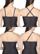 a diagram showing different strap configurations of a woman wearing a black tummy control strapless slip body shaper shapewear