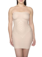 a woman wearing a nude tummy control strapless slip body shaper shapewear