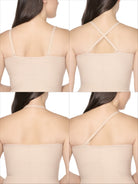 a diagram of a woman wearing a nude tummy control strapless slip body shaper shapewear showing different strap configurations