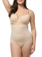 Beige shapewear brief worn by a model on a white background