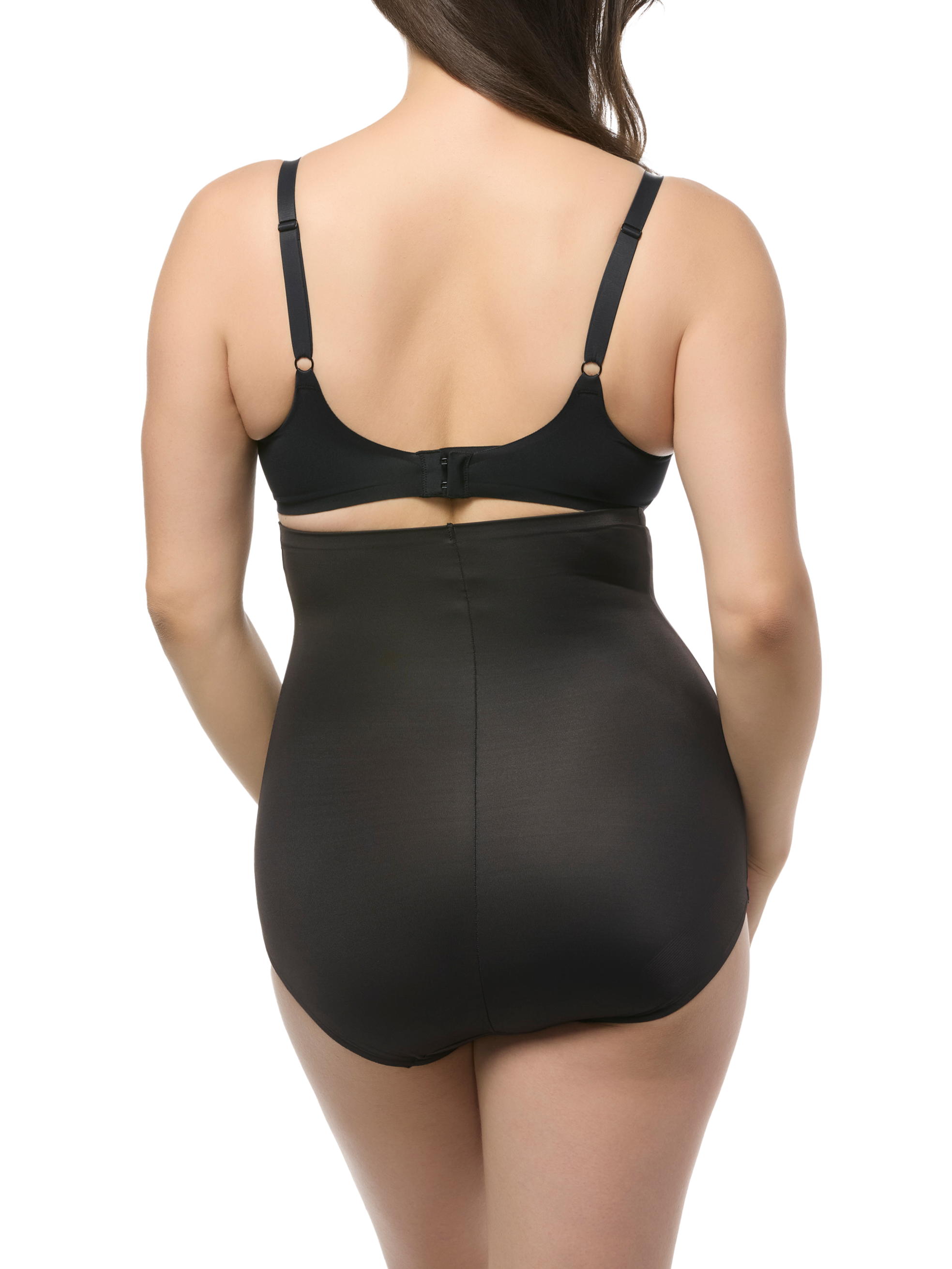 Black shaping brief worn by a model on a white background