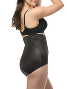 Black shapewear garment worn by a model on a white background