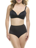A woman in a beige padded shaping brief on a white background