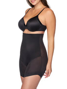 a woman wearing a black high-waisted slanted hem short body shaper