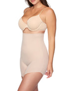 a woman wearing a nude high-waisted slanted hem short body shaper