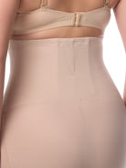 a closeup of the back stay control details on a beige high-waisted tummy control underwear
