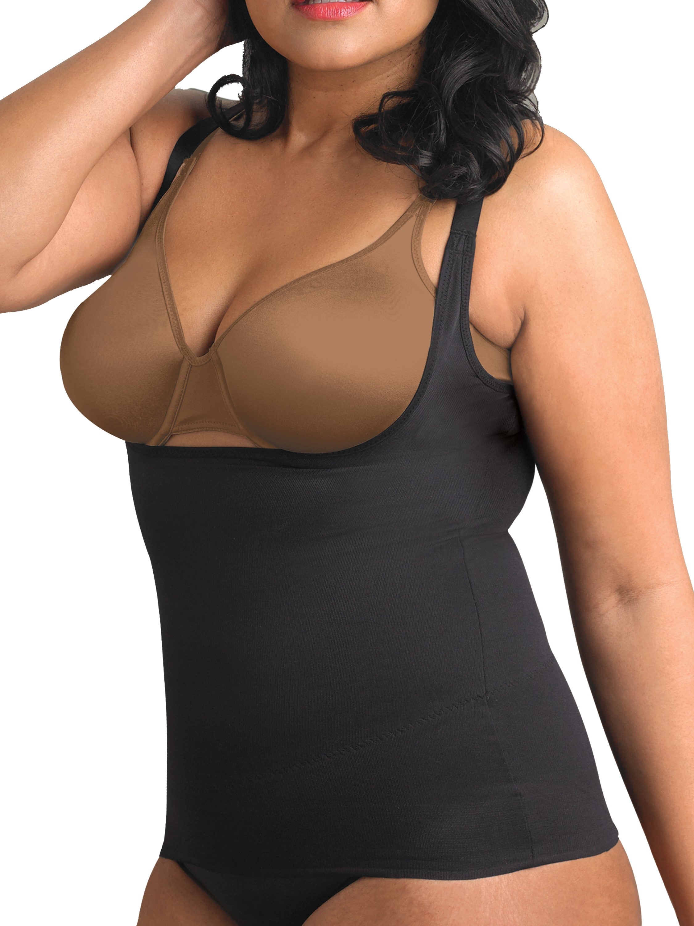 a woman wearing a black open-bust camisole