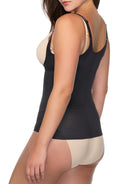 a woman wearing a black open bust shaping camisole shapewear