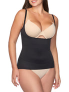 a woman wearing a black open bust shaping camisole shapewear