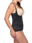 a woman wearing a black open bust shaping camisole shapewear