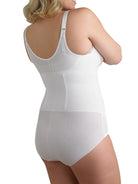 a woman wearing a white plus size open bust tummy control body shaper shapewear