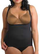 a woman wearing a plus size black open bust shaping camisole shapewear