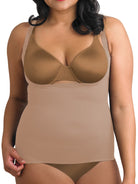 a woman wearing a plus size nude open bust shaping camisole shapewear