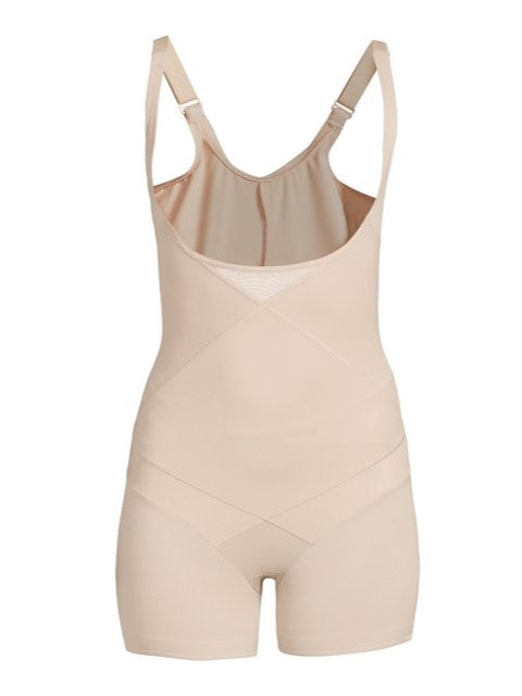 a beige open-bust shaping bodysuit romper