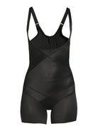 a black open-bust shaping bodysuit romper