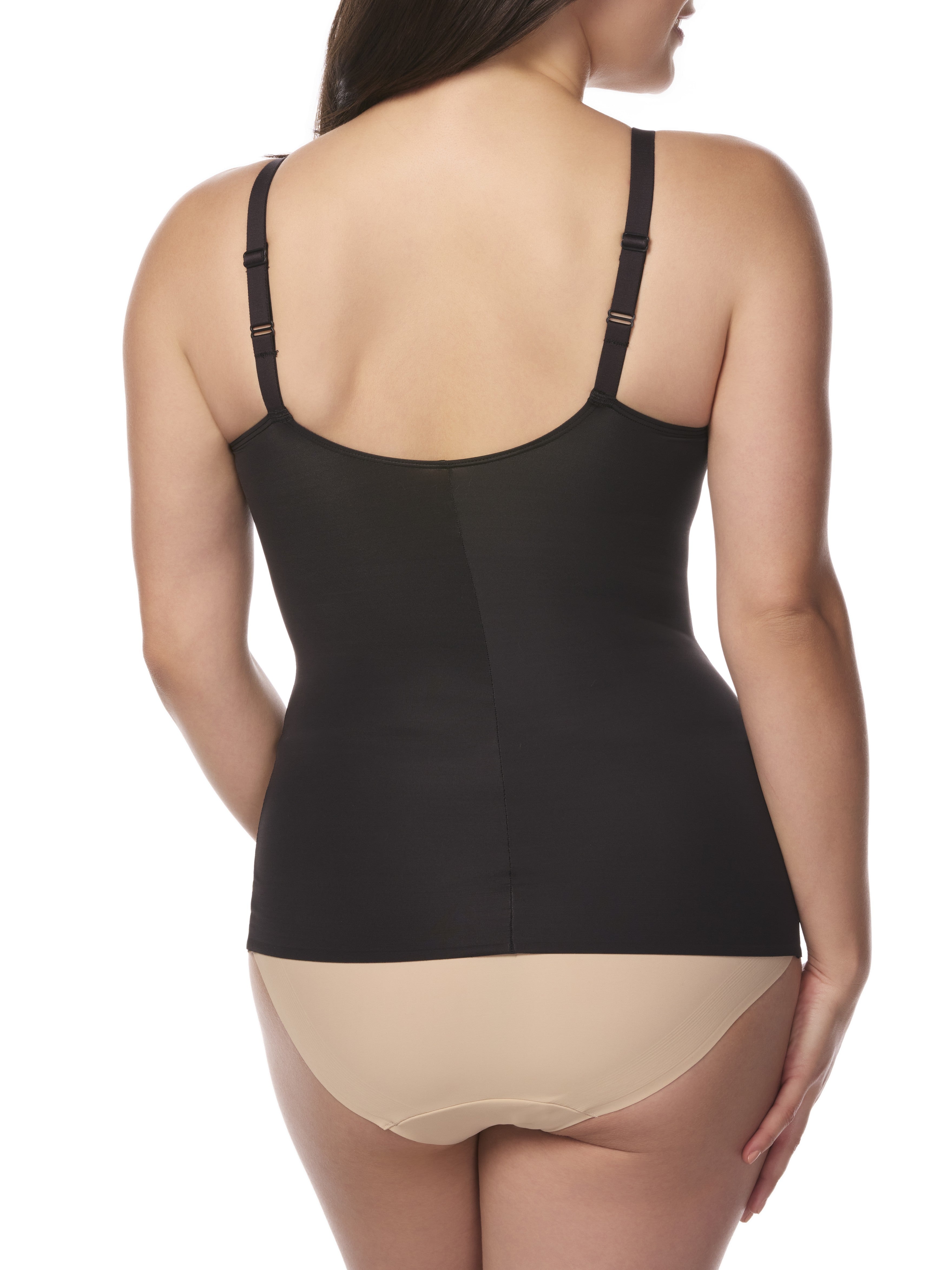 a woman wearing a black underwire bra shaping camisole