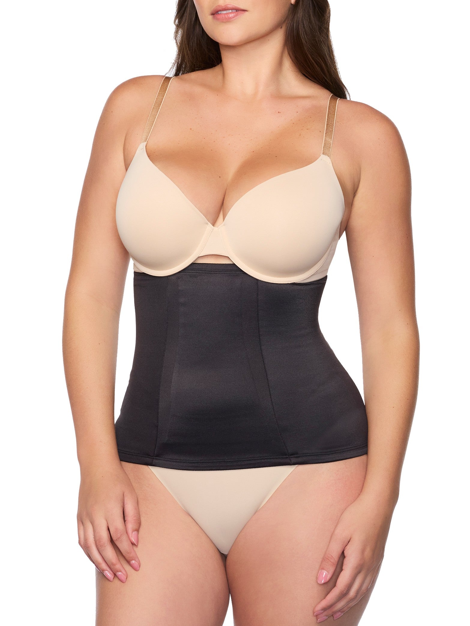 a woman wearing black waist cincher shapewear