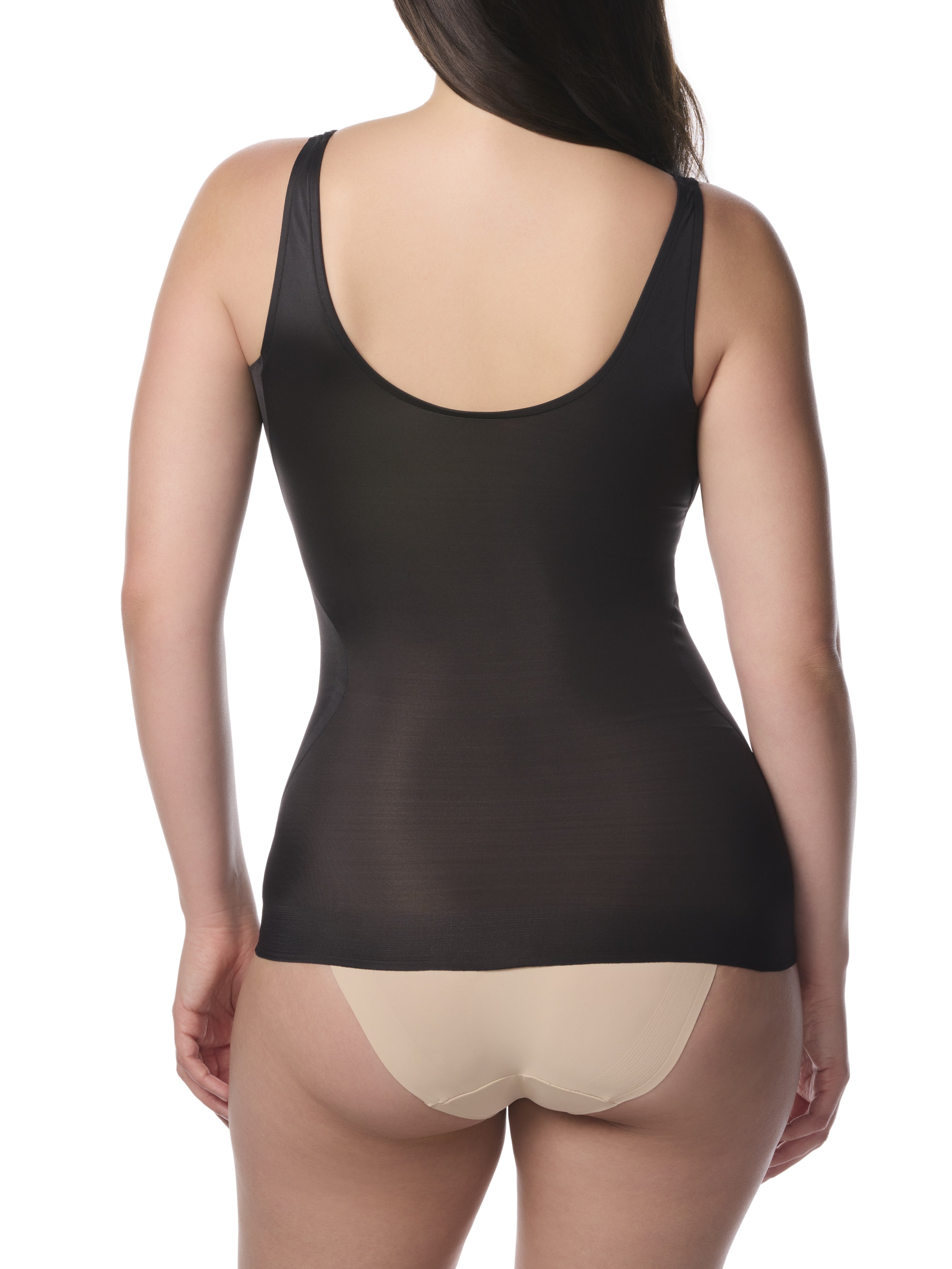 a woman wearing a black shaping camisole tank top shaper