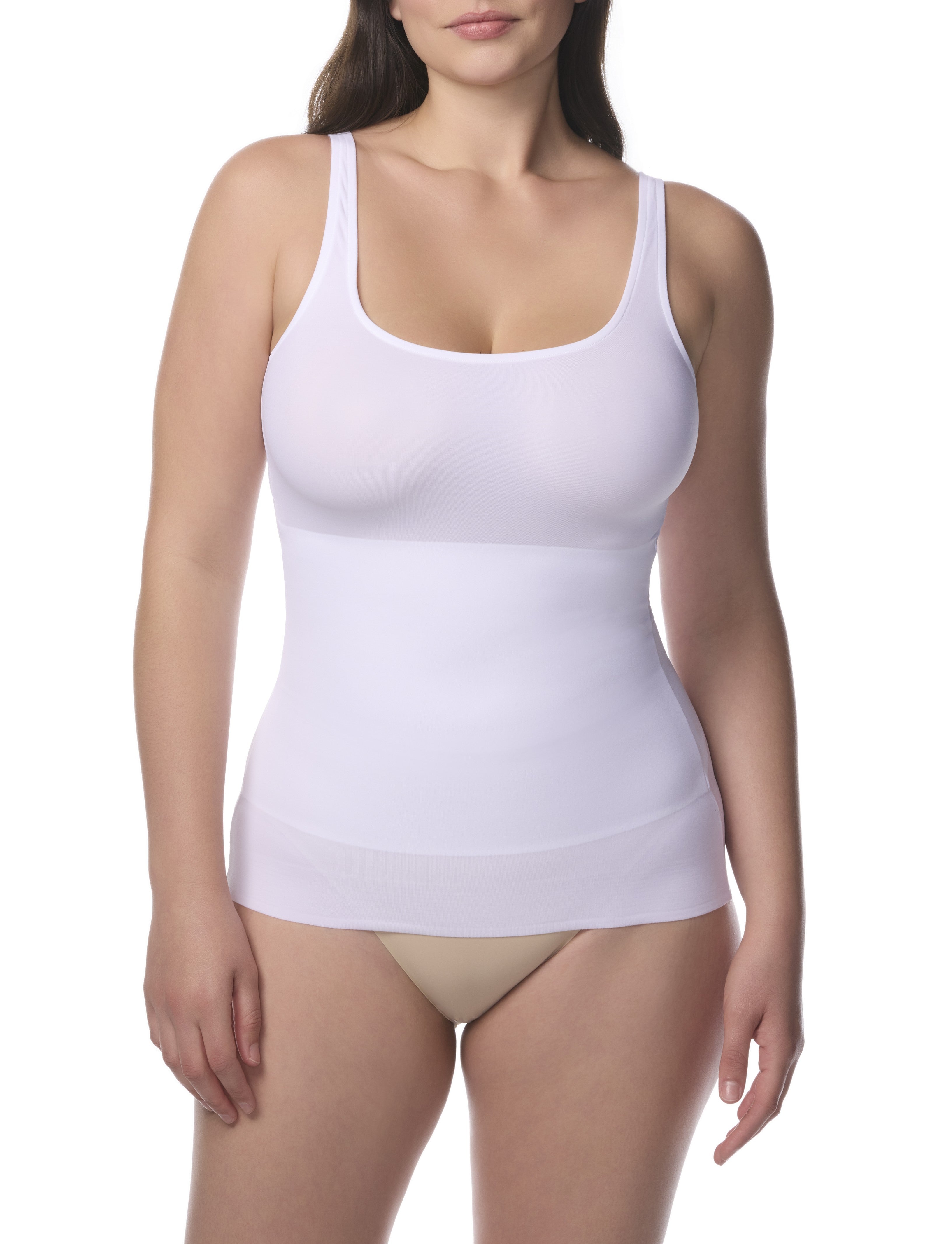 a woman wearing a white shaping camisole tank top shaper