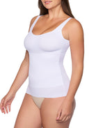 a woman wearing a white tummy control shaping camisole shapewear