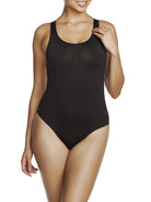 a woman wearing a black tummy control thong body shaper bodysuit shapewear