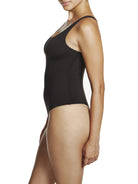 a woman wearing a black tummy control thong body shaper bodysuit shapewear