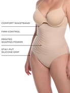 an infographic explaining the features and benefits of the naomi and nicole tummy control brief all-groups