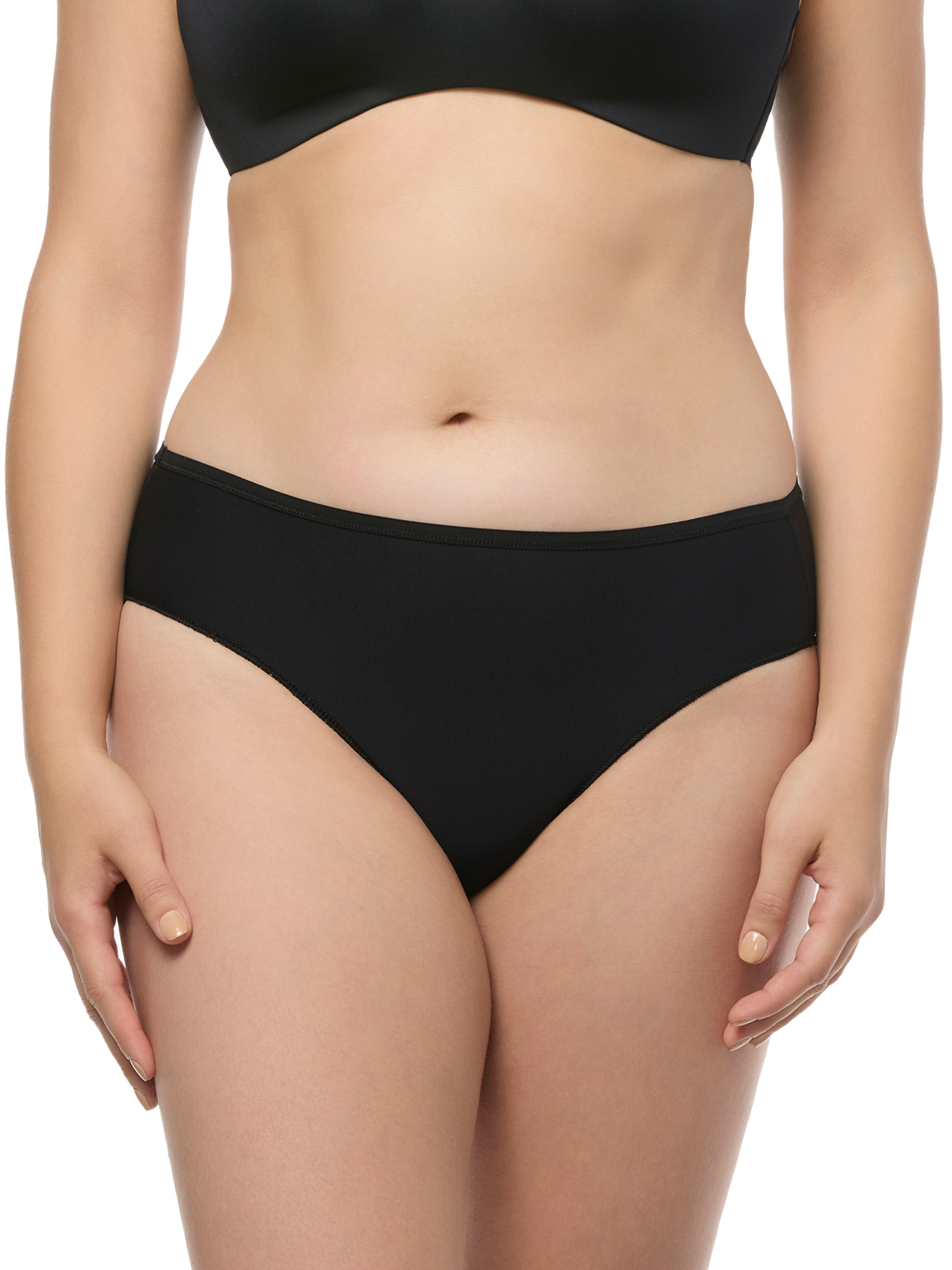 a woman wearing black hipster panties